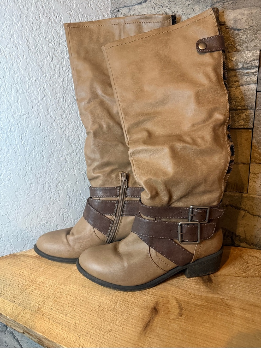 Pink & Pepper Taupe Over-the-Knee Boots with Brown Strap Accents